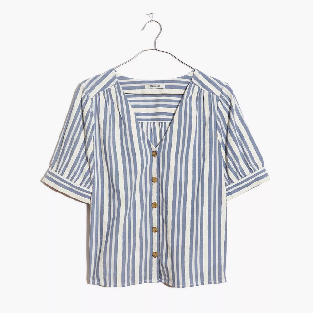 MADEWELL Plaza Button-Front Shirt Puff Sleeve Top Stripe Blue Cream - Size M